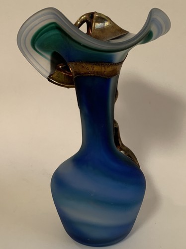 Vtg Filip Ravert Romanian Hand Blown Art Glass Vase Blue Copper Overlay Fluted - Picture 12 of 12
