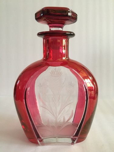 Vintage Red Flashed Thistle Etched Decanter with Stopper - Picture 3 of 10