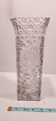 Vintage McKee Innovation Line Clear Cut Glass Floral Design 10'' Square Vase
