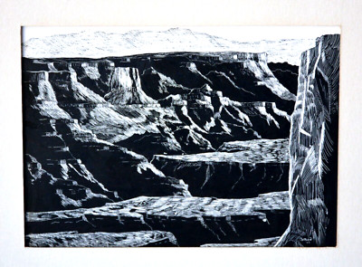 Vintage Scratch Art Drawing - Grand Canyon Arizona Landscape - Carithers - 1962