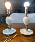 Pair of Vintage Leviton White Hobnail Milk Glass Electric Table Lamp No Shade