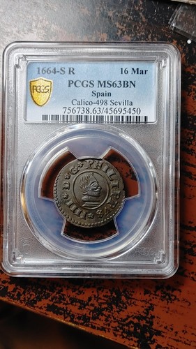 1664 S R Seville Spain 16 Maravedis Calico 498 PCGS MS63 BN Top Pop 1/0 4268 - Picture 4 of 5