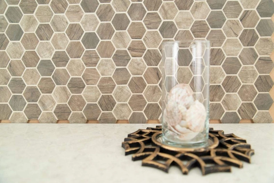 Azulejo de vidrio hexagonal de madera a la deriva para salpicadero de cocina, azulejo de pared para baño,... Foto 4 de 4