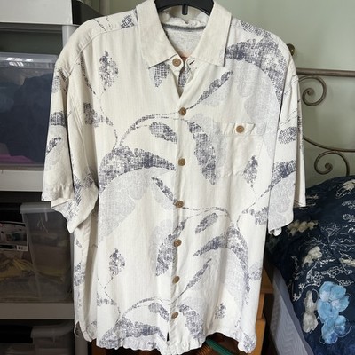 Tommy Bahama 100% Silk Hawaiian Aloha Men's Large Button Up Shirt Cream/Tan