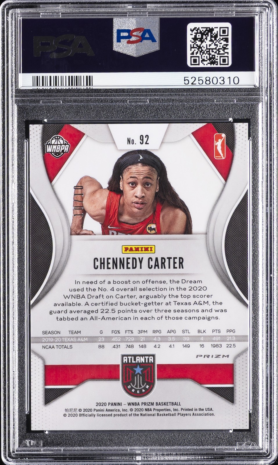 2020 PANINI PRIZM WNBA GOLD PRIZM #92 CHENNEDY CARTER ROOKIE RC /10 PSA 9 view 2