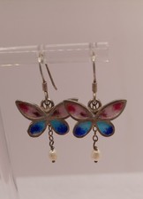 Sterling Silver Enamel Butterfly Dangle Earrings With Pearl
