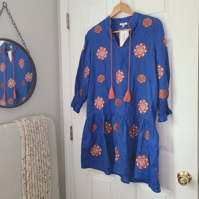 Tyler Boe Embroidered 100% Linen Dress Sz S Blue Tassels Boho Beach Vacation