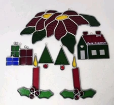 Christmas Stained Glass Suncatcher Lot Small Leaded Holiday Poinsetta Tree Set 