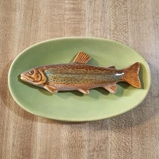 Vintage 6" Rosemeade Pottery Brook Rainbow Trout Fish Plaque Wall Hanging Green