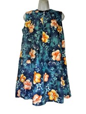 Vintage Ui-Maikai Hawaiian Hibiscus Floral Blue Orange Sleeveless Shift Dress