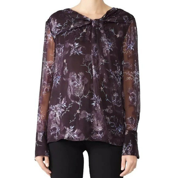Grey by Jason WU Winter Floral Knot Blouse Silk Embroidery Purple Silver Size 14