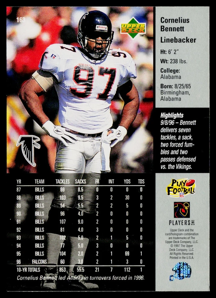 1997 Upper Deck #163 Cornelius Bennett Atlanta Falcons - Image 2 of 2