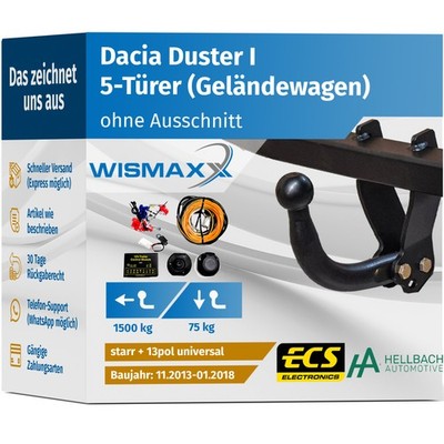 ANHÄNGERKUPPLUNG für Dacia Duster I 13-18 starr HELLBACH +13pol E-Satz ABE