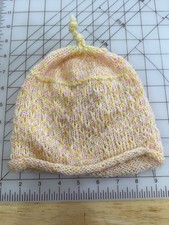 Hand Knit Wool Hat Peach Yellow Cream Top Knot Handmade Artisan Knit