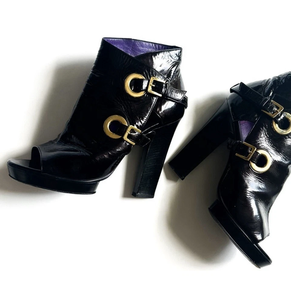 Sergio Rossi Crinkle PatentLeather Open-toe BootiesGolden Statement Buckles 38 - Image 2 of 4