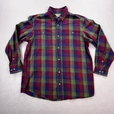 Duluth Trading Co Shirt Mens L Tall Red Green Blue Plaid Flannel Cotton LS
