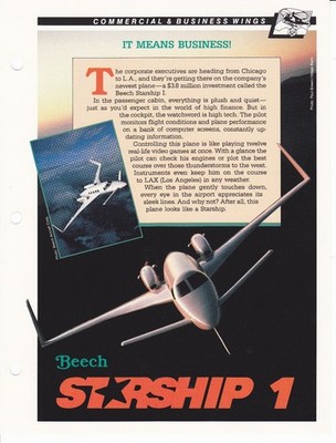 Beechcraft Starship 1 Pusher Propeller Business Jet Spec Sheet Fact Card