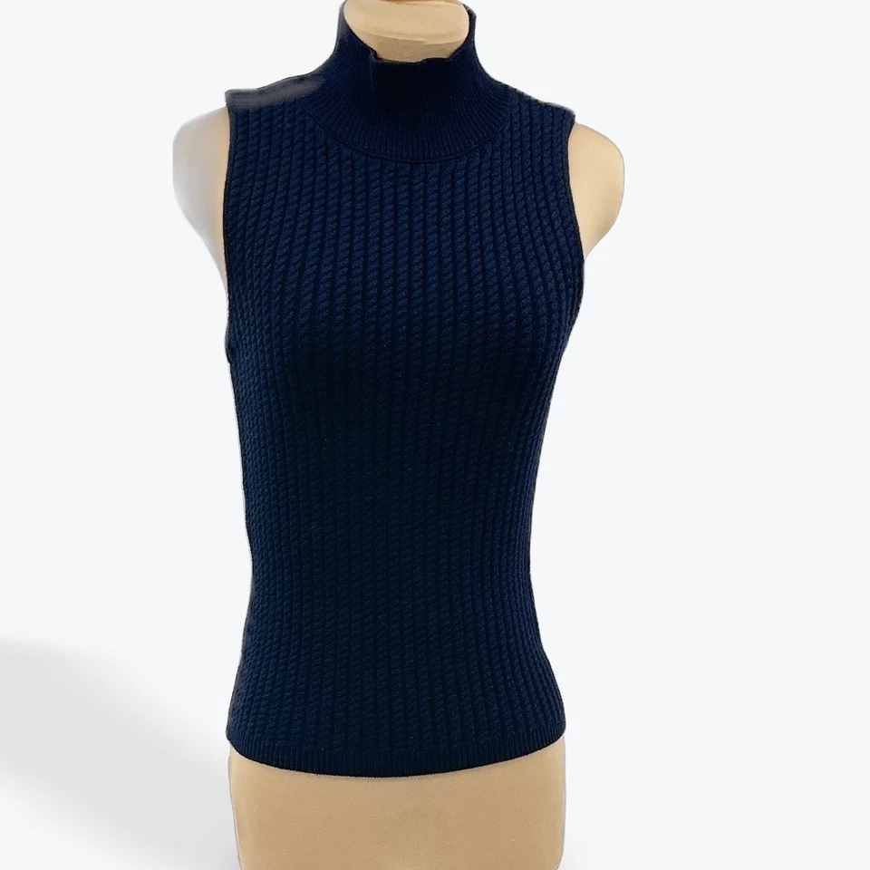 Suéter sin mangas tejido azul marino XS Elie Tahari cuello falso sin mangas Foto 2 de 4