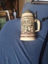 8 In German Relief Pottery Beer Stein With Pewter Lid – Tavern Drinking Scene