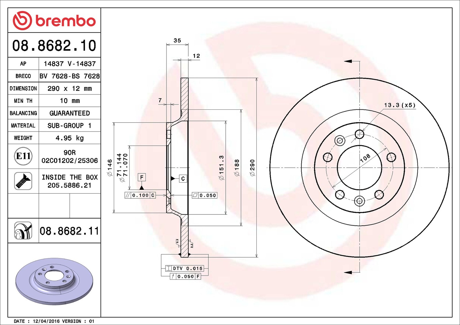 Brembo Bremsscheibe Coated Disc Line 08.8682.11 290Mm 12Mm Für Peugeot - Bild 10