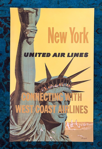 Original Reise Poster New York United Airlines Freiheitsstatue Stan Galli NYC