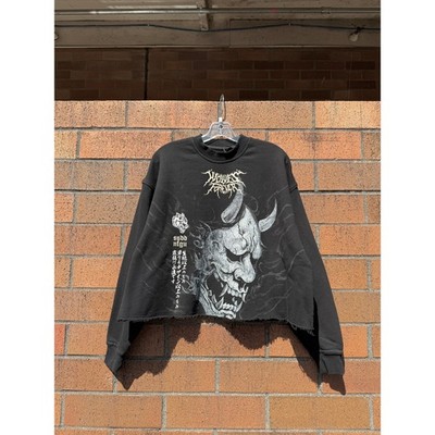 Size Small - Darc Sport Hannya Inferno Raw Hem Box Cut Crewneck Sweatshirt Black