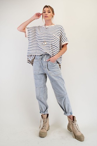 Easel Women's Striped Textured Fabric Chest Pocket Knit Top in Natural/Blue - Picture 3 of 5