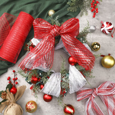 10yards Christmas Poly Metallic Mesh Ribbon for Wreath Xmas Tree Bow Craft  Cute