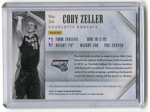 CODY ZELLER CHARLOTTE BOBCATS 2013 PANINI NBA TITANIUM JERSEY RELIC CARD #20/325 - Picture 2 of 2