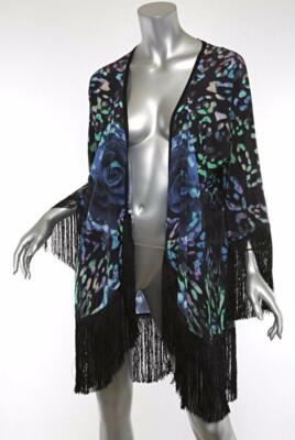ATHENA PROCOPIOU Womens Black Multi-Color Print Fringe Silk Open Jacket OSFA NEW