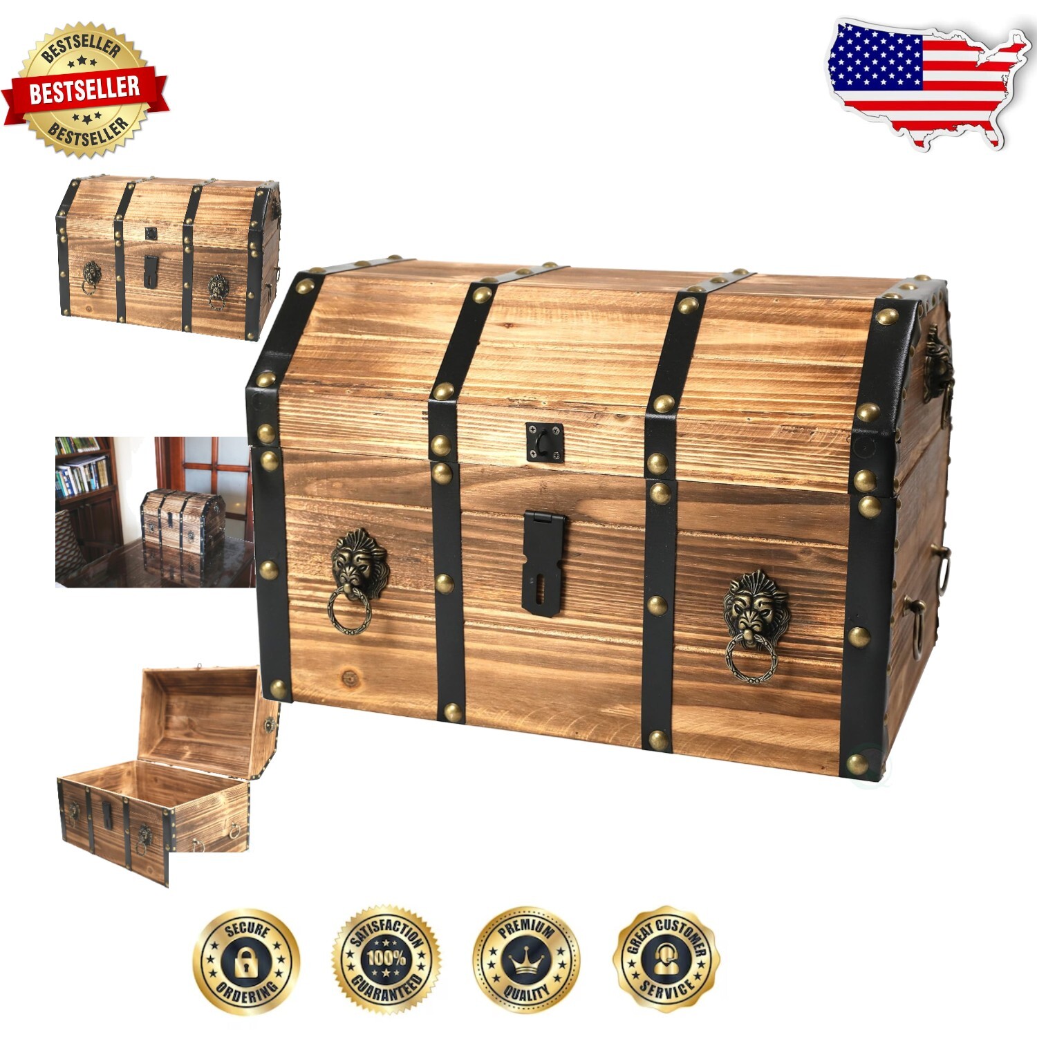 Large Lockable Wooden Pirate Trunk with Lion Rings - Antique Decorative Chest
