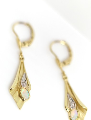 Giallo Orecchini Acqua Opale Diamante 14kt – 585 Floral Foglia Ginkgo L:4,2 CM - Foto 7 di 10