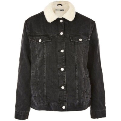 Topshop Moto Borg Collar Black Denim Jacket Size US