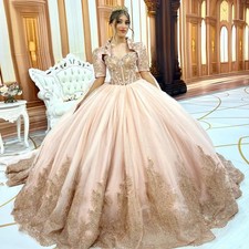 Champagne Sweetheart Quinceanera Dresses Applique Lace Crystal Sweet 16 Gowns