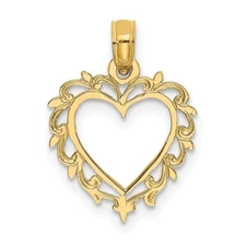 REAL 10k Yellow Gold Heart Lace Trim Charm Pendant 14x12.5mm