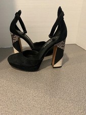 Coach Label  Chrystie Patchwork Leather Platform Heels, Black/Natural, 5 M