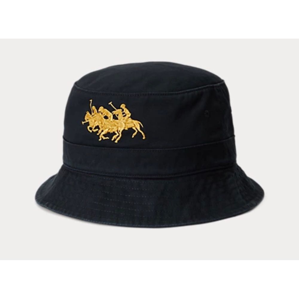 Cappello Polo Ralph Lauren Capodanno Lunare Bucket 3 Pony Nero Oro Taglia L XL Nuovo con etichette