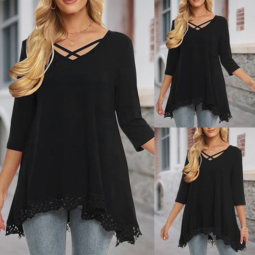 Summer Women Lace V-Neck Hollow 3/4 Sleeve Blouse Shirt Lady Pullover Tunic Tops