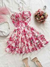 pink rose print off shoulder ruffle dress