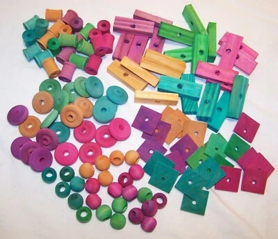 HERMAN1957 125 BIRD TOY PARTS ASSORTMENT ASSORTED SM TO MEDIUM PARROTS COLORED WOOD PARTS