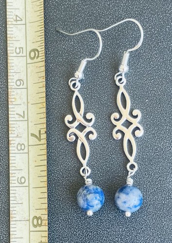 Sodalite Stone Bead Dangle Drop Earrings .925 Sterling Silver Stamped Ear Hooks - Picture 4 of 8