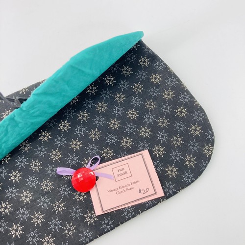 Hand Made Vintage Run Amok Kimono Fabric Clutch Purse Bag Black Green - Picture 6 of 8