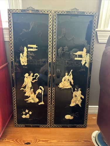 Vtg 2 Chinoiserie style Asian Soapstone Wall Panels Blk Lacquer Mother of Pearl