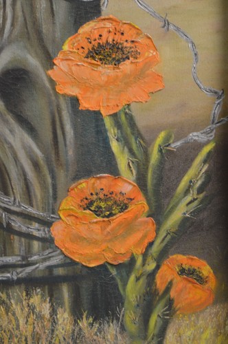 Original Desert Cactus Flower Art Painting On Canvas Barbed Wire Signed Framed - Picture 7 of 24
