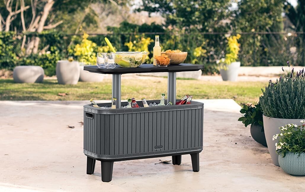 keter patio umbrella base Tough As Nails 90lb Water Filled With Built In Ice Cooler 3 In 1 Outdoor Table With Umbrella Hole Fits 1.5 To 1.9 Inch Poles For Built to hold up to 175 lbs California Umbrella RL80 2 Section