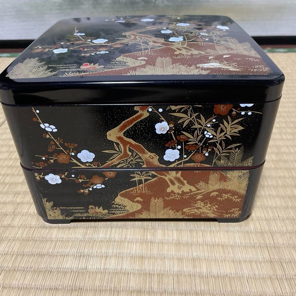 Jubako Bento Box Lacquer Palm Tree Flower  Japanese Two-Tiered Black Craft