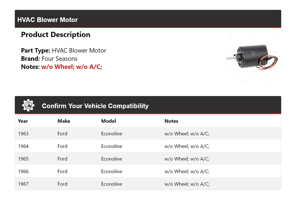 Motor soplador de climatización para Ford Econoline 1963-1967 4 estaciones 1964 1965 1966 Foto 2 de 4