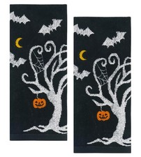 Halloween Tree Bath Hand Towels Set of 2 Black Cotton Pumpkin Moon Spider Web