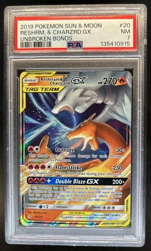 2019 Pokemon SM Unbroken Bonds Reshiram Charizard Tag Team Holo #20/214 PSA 7