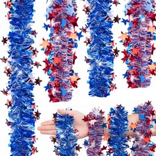 2 String 32.8 Ft Red White Blue Star Tinsel Garland 4th of July Party Decor